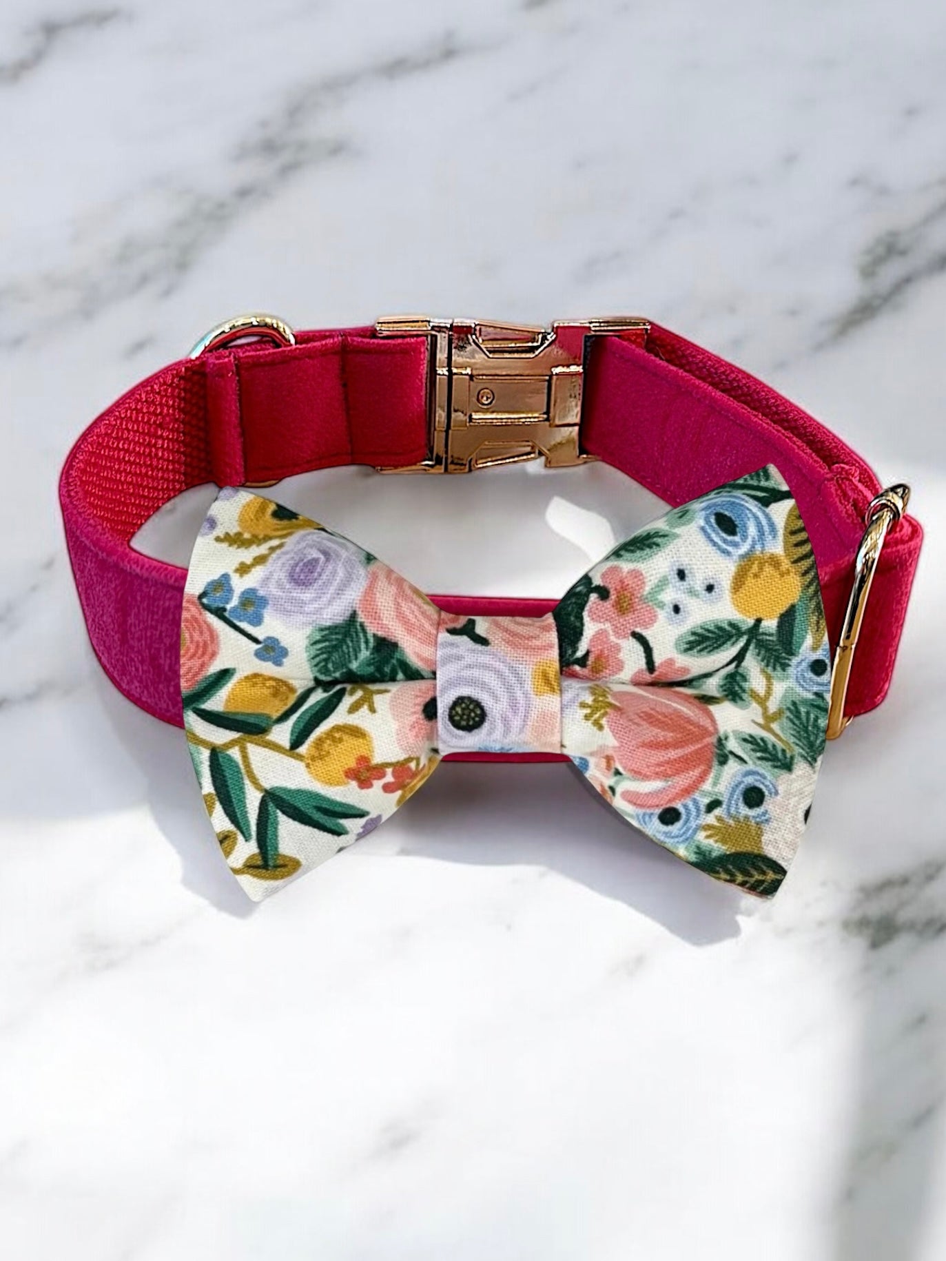 Rifle Paper Co Fabric White Floral Bow Tie Pink Dog Collar- perfect for wedding dog collar