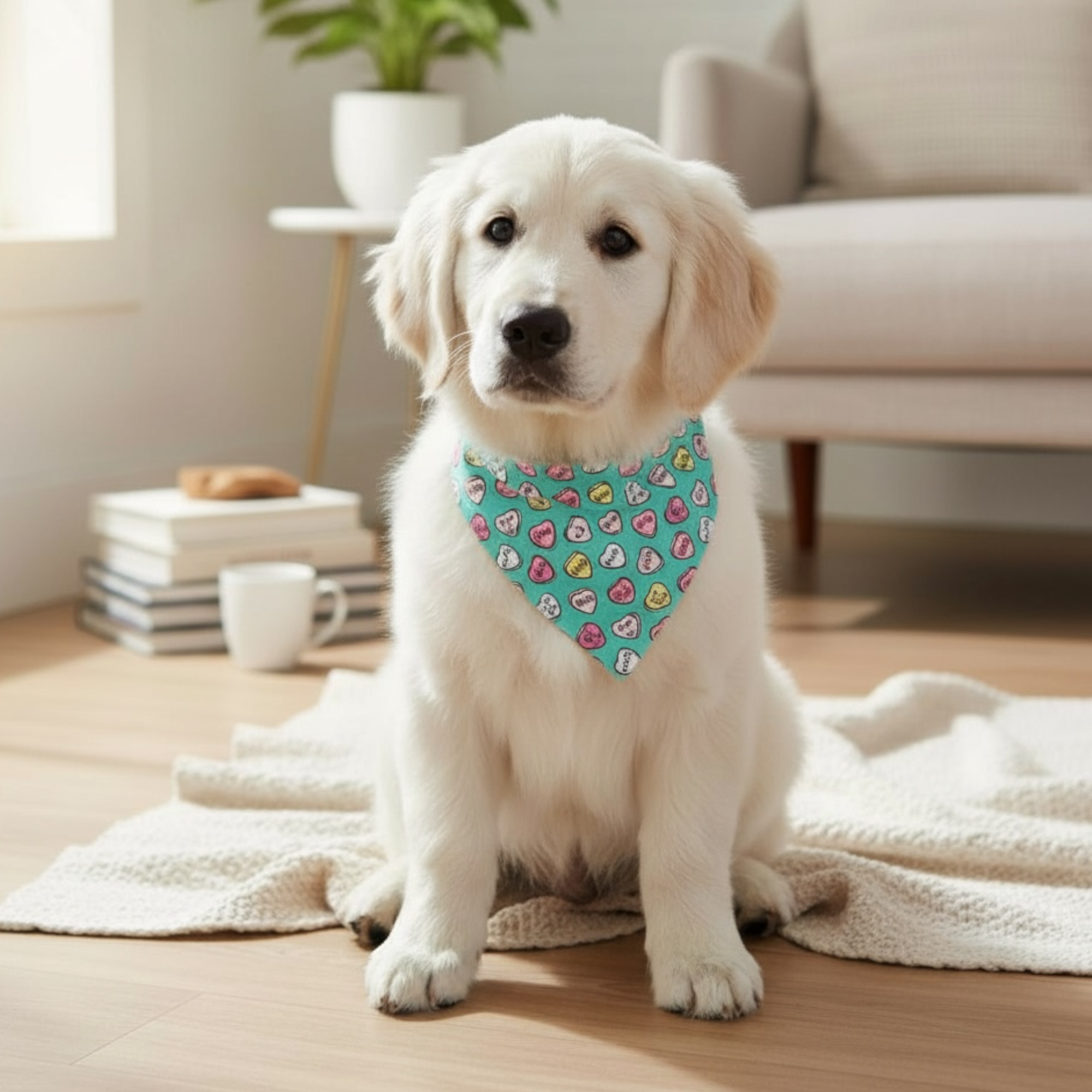 White dog wearing a blue Valentines Day dog bandana sitting on a wooden floor in a living room.