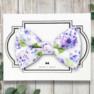 Handmade purple floral dog bowtie and cat bow tie designed as a pet collar accessory for weddings, gifts, and photos.