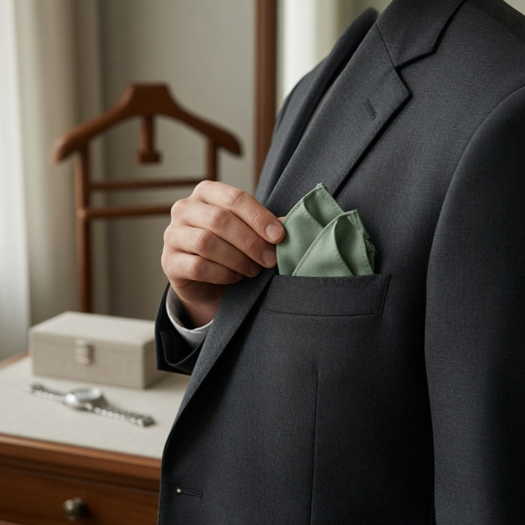 A man in a dark suit jacket is holding a green pocket square in his jacket pocket.