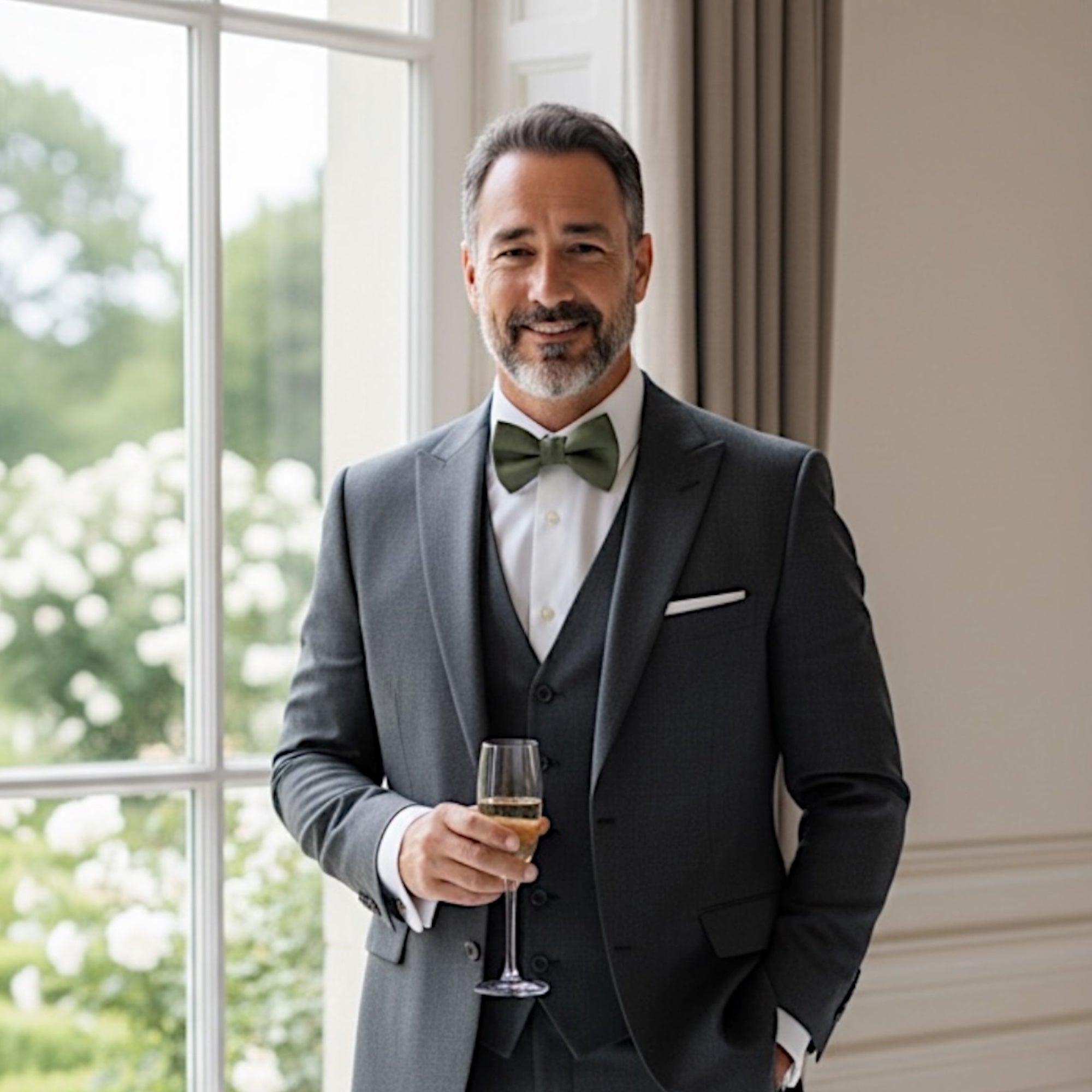 Man in an olive green bow tie in a gray suit holding a glass of wine at an elegant wedding.