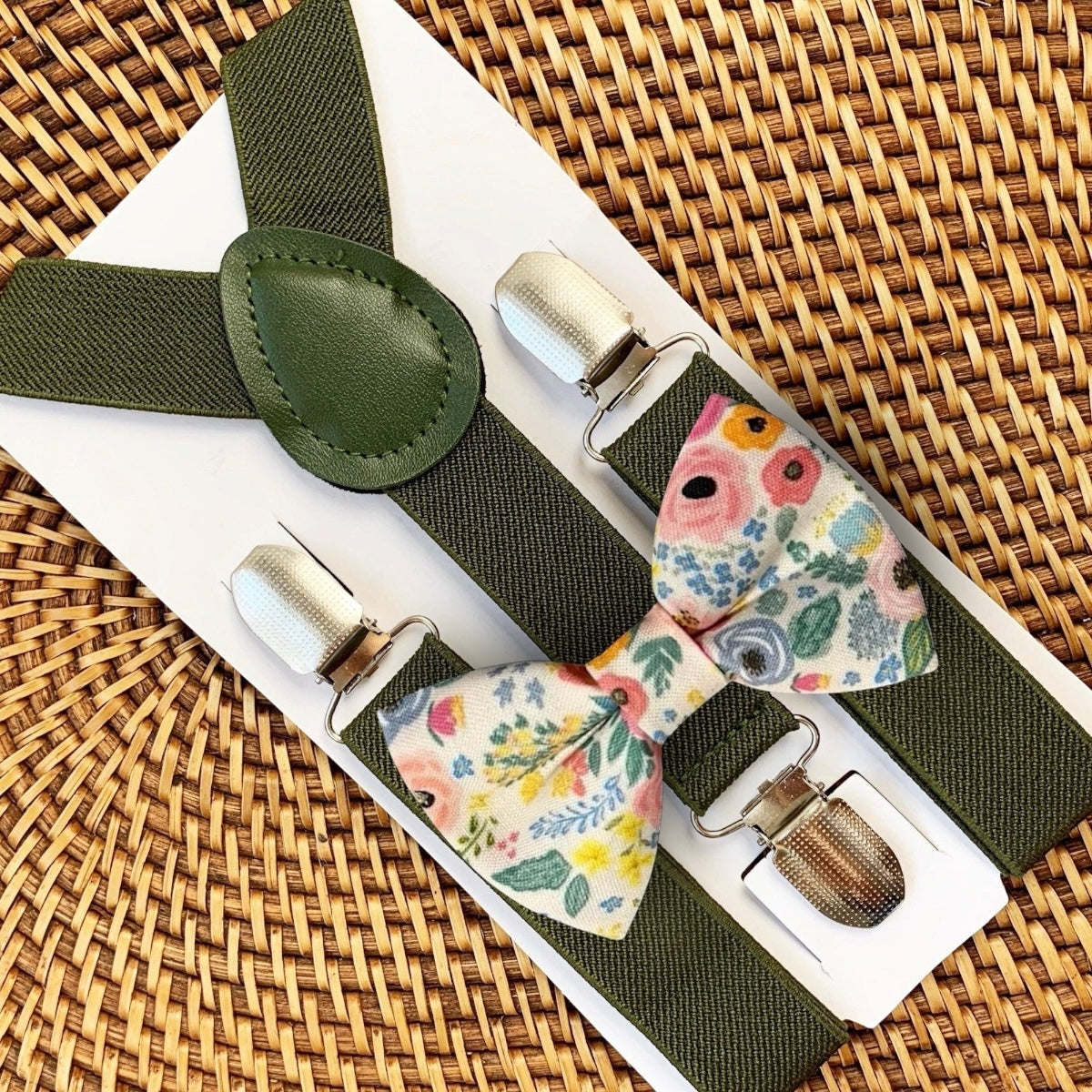 Floral Bow Tie & Olive Green Suspenders 
