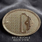 Two options of belt buckles: Option #1 has a leaf design and Option #2 has a floral design. Both are silver and black from The Bold Bow Tie.