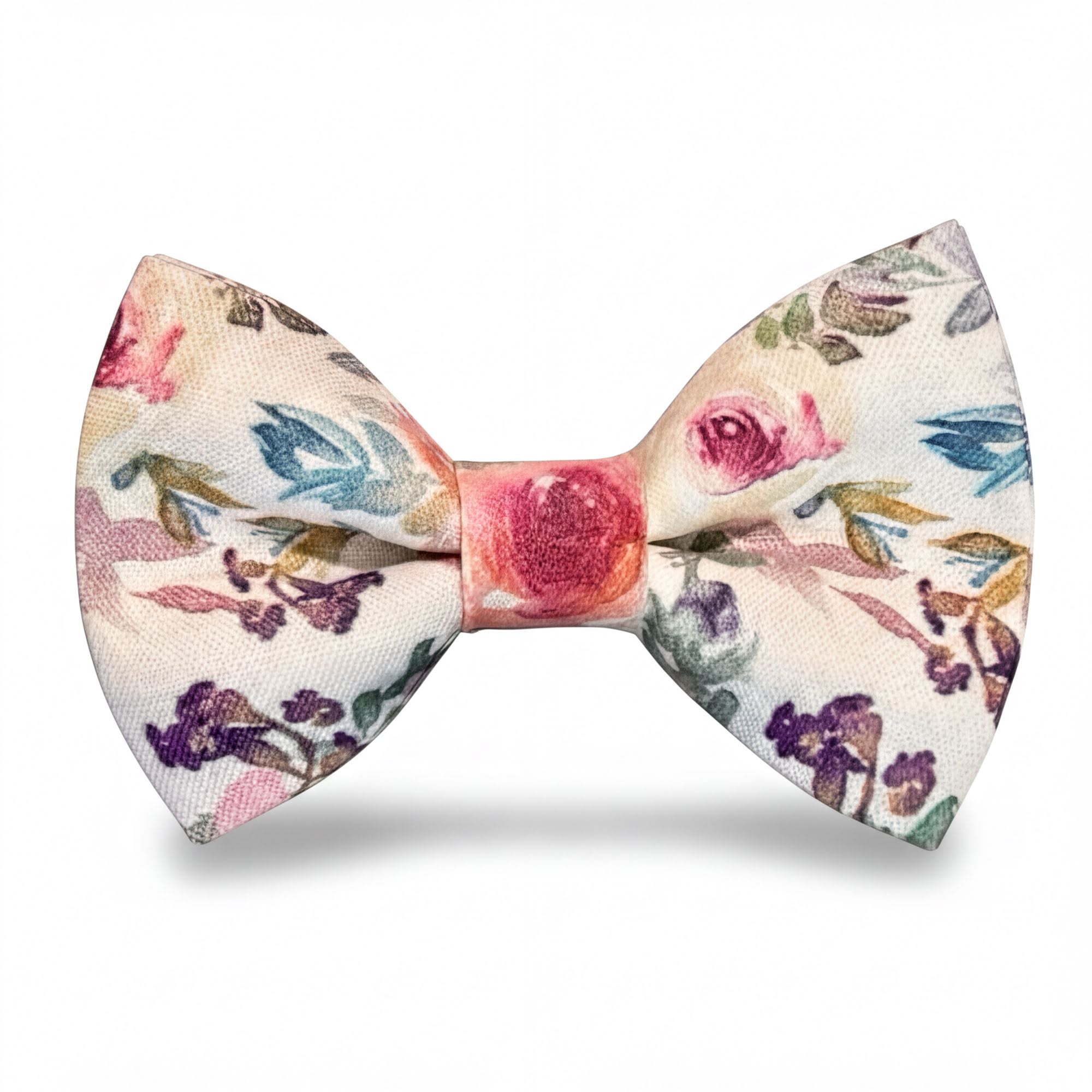Pre-tied watercolor floral bow tie with pink roses and purple flowers on a light cream background.
