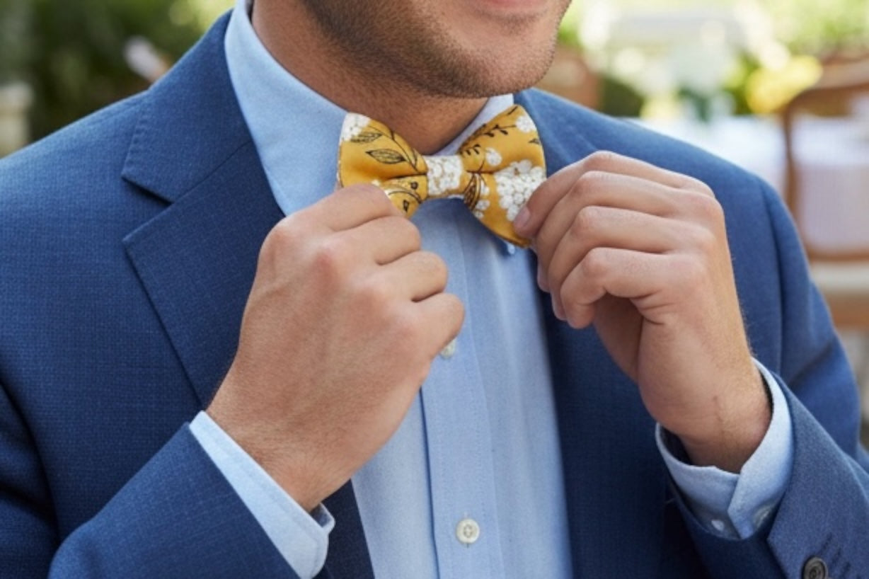 Groomsman adjusting a yellow bow tie with a pattern, wearing a blue suit jacket and light blue shirt.
