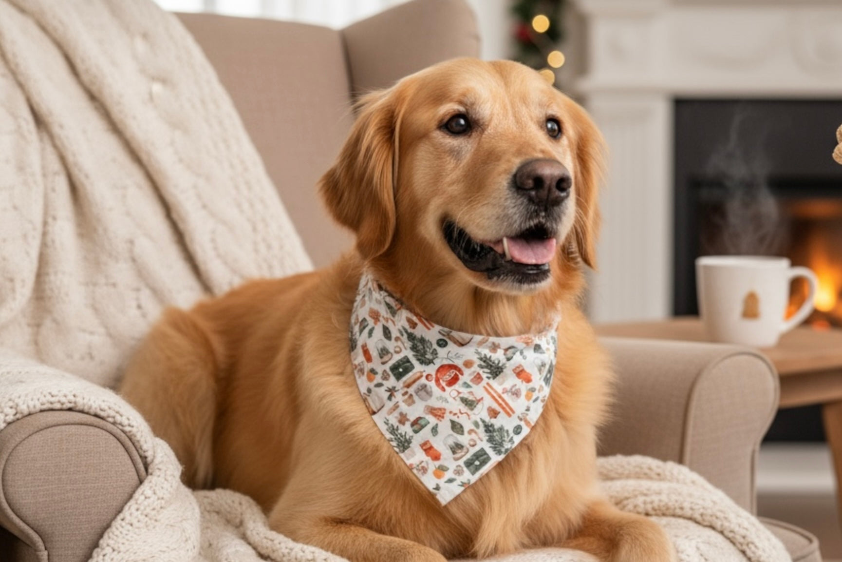 Dog wearing a Christmas bandana sitting on a couch with a fireplace in the background