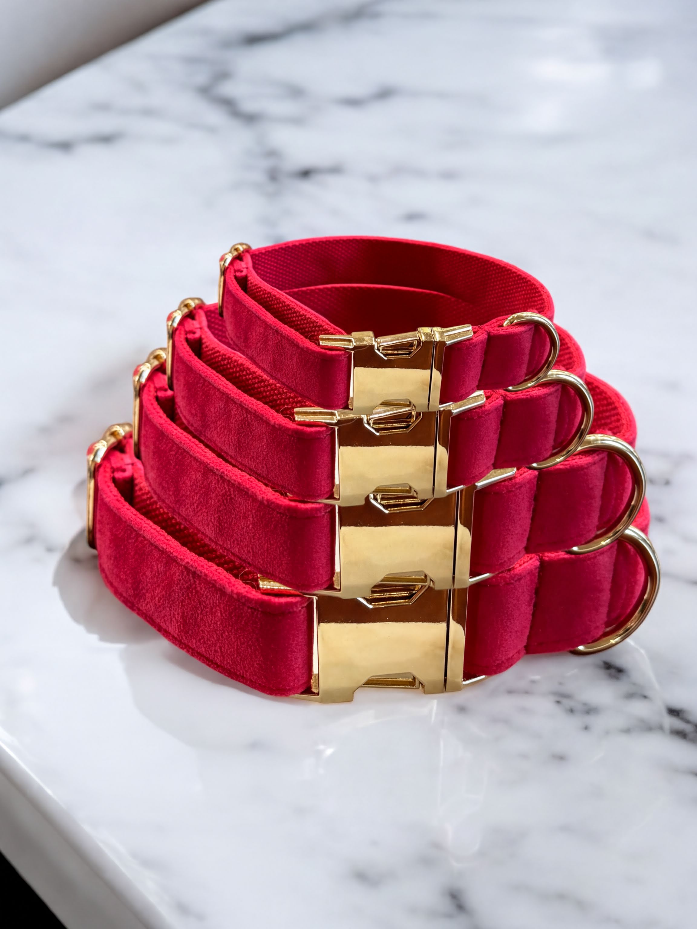 Pink velvet dog collars with gold clasps and D rings