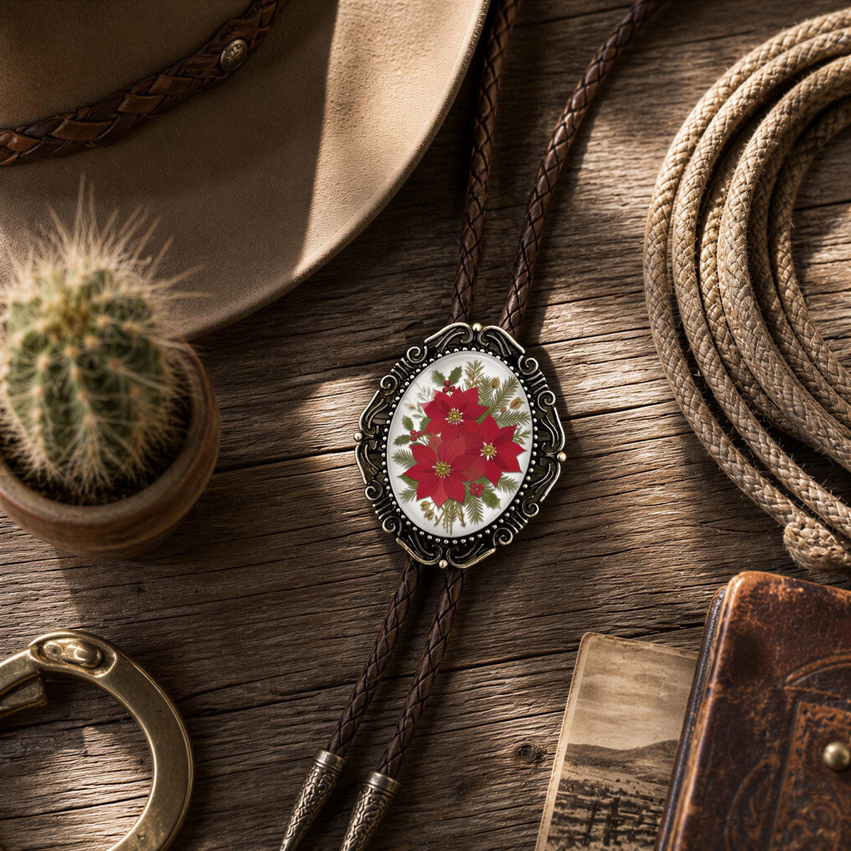Black braided vegan leather cord bolo tie with decorative antique brass metal tips attached to a large glass dome holiday poinsettia cabochon.