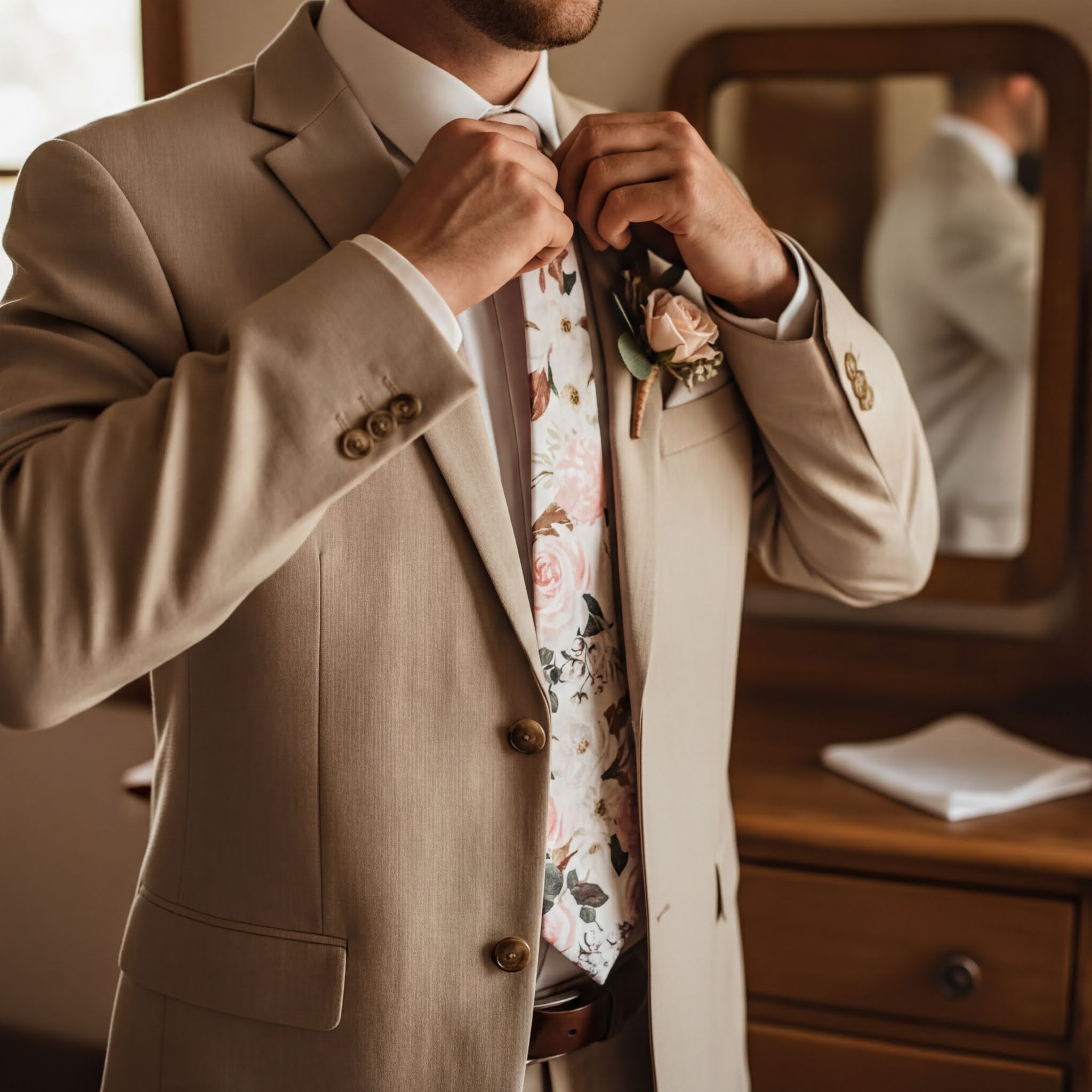 A man in a beige suit is adjusting his tie with a floral pattern, standing in front of a mirror.
