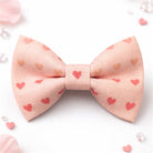 Valentine’s Day bow tie with pink heart patterns on a white background