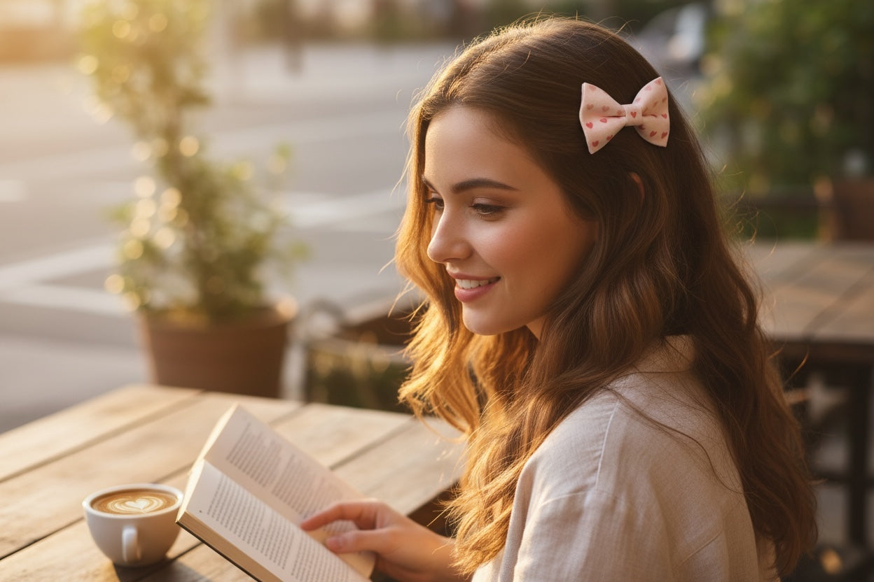 Woman reading a book outdoors wearing a pink hair bow with hearts with a cup of coffee on a wooden table.
