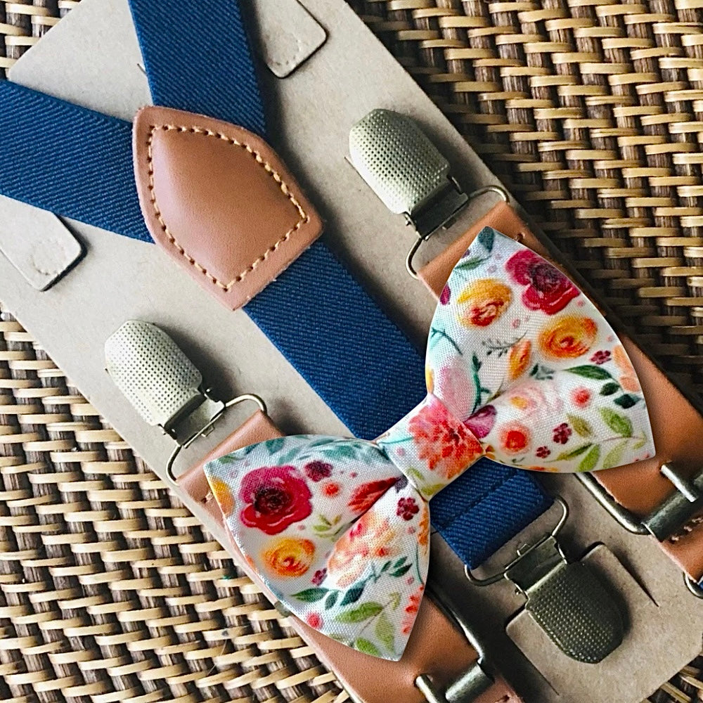 Warm Wildflower Floral Bow Tie Navy Blue Vegan Faux Leather Suspenders Set Autumn Wedding Accessories Groomsmen Gift Burnt Orange Mustard Sage Green Botanical Print PreTied Adjustable Neckband Antique Brass Clips Mens Formalwear