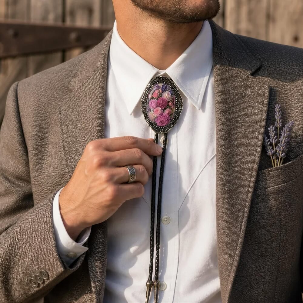 A man in a gray suit jacket is adjusting his bolero tie.