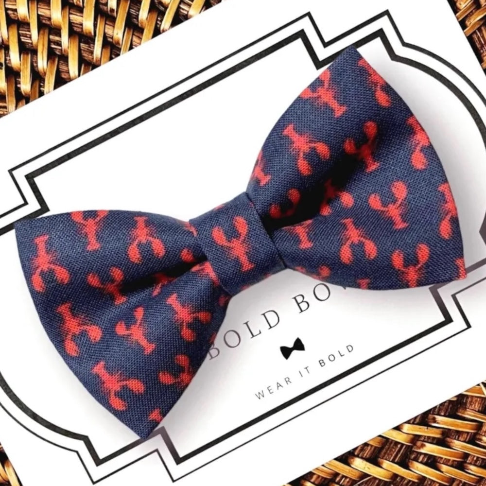 Blue and Red Dog bow tie with lobsters for nautical summer pet bowtie.