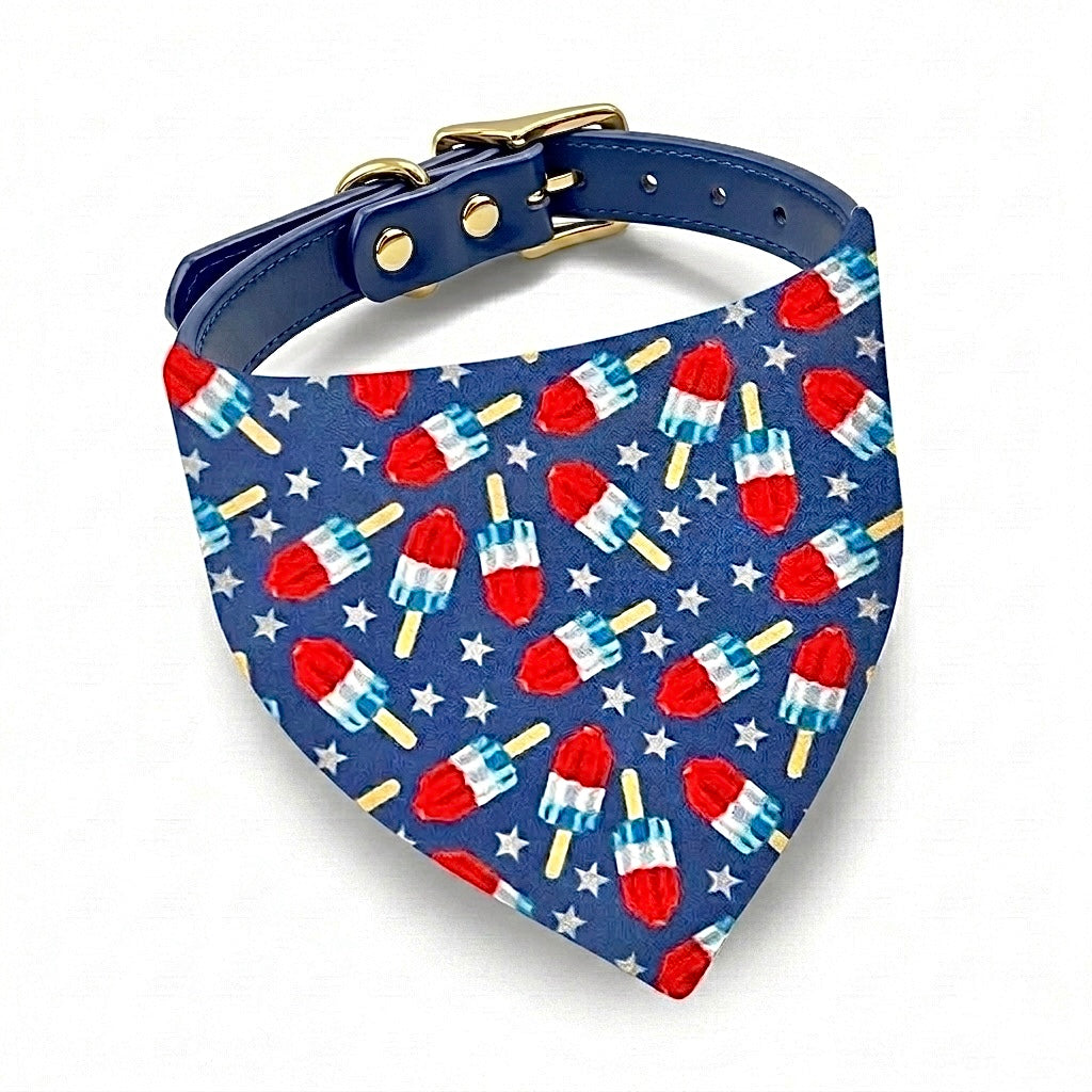 Fourth of July dog bandana for USA celebration in red white and blue.