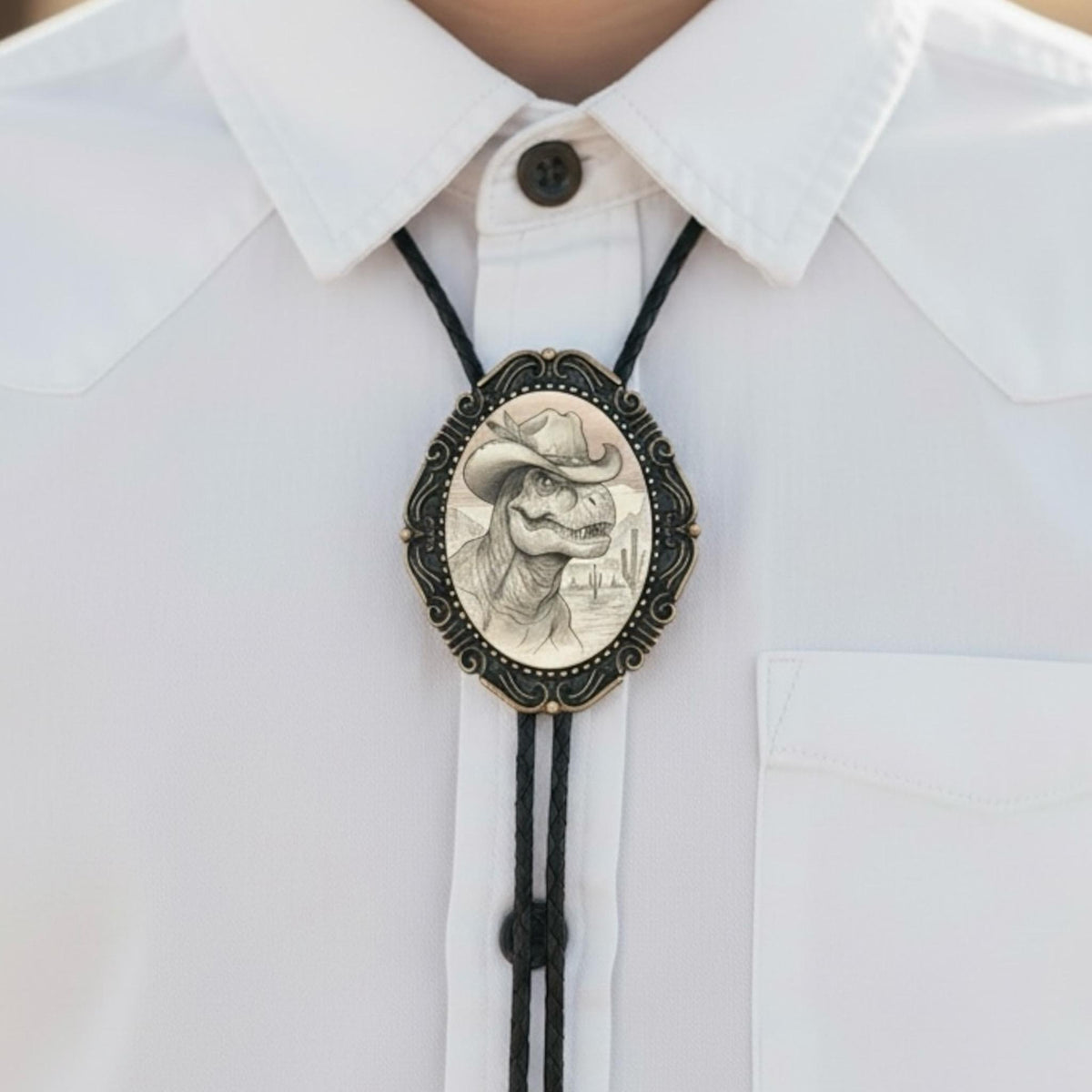 Handmade kids bolo tie with a t-rex dinosaur on a braided cord with silver tips.