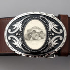 Two options for belt buckles: Option 1 has a leaf pattern and option 2 has flowers on it