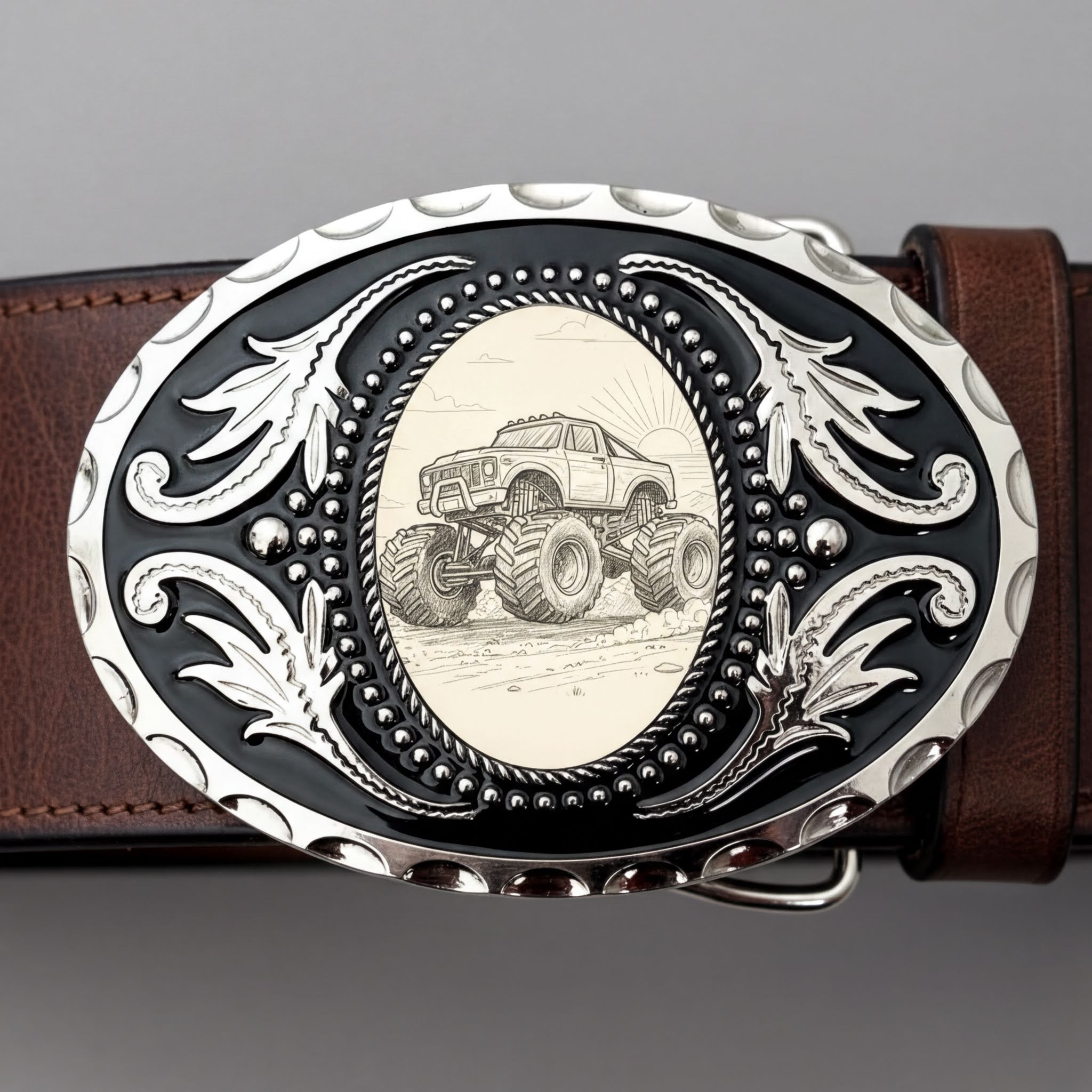Two options for belt buckles: Option 1 has a leaf pattern and option 2 has flowers on it