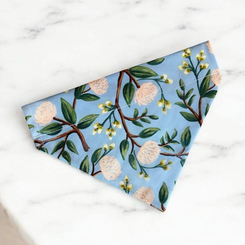 Floral Dusty Blue Dog Bandana- for summer or dog wedding outfit.