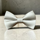 Silver bow tie for men, boys and groomsmen on a textured surface with a neutral background