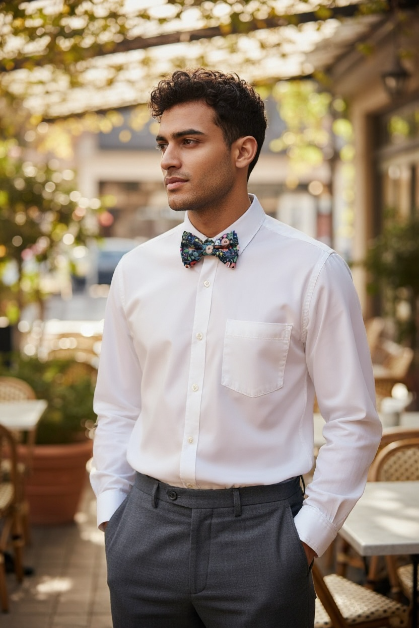 Groomsman wearing a navy garden bow tie.