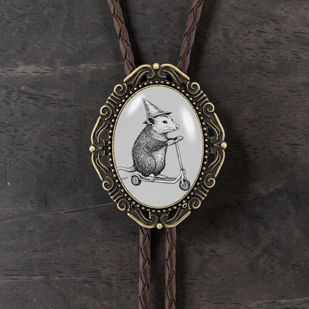 Opossum Bolo Tie Funny Genuine Leather Silver Brass Tips Western Wedding Groomsmen Gift