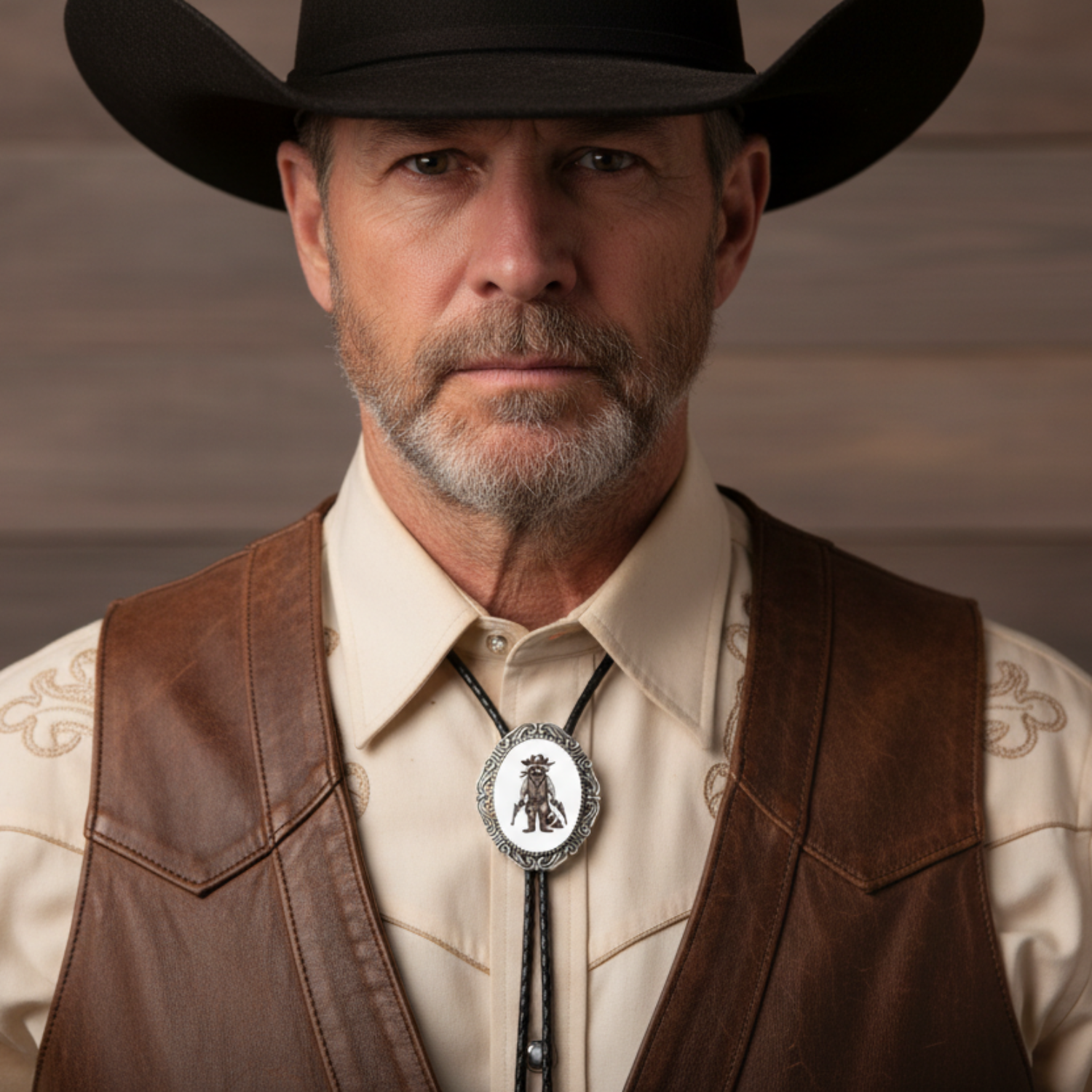 Man wearing a cowboy hat, raccoon bolo tie and brown leather vest, and beige shirt with a decorative tie against a wooden background.