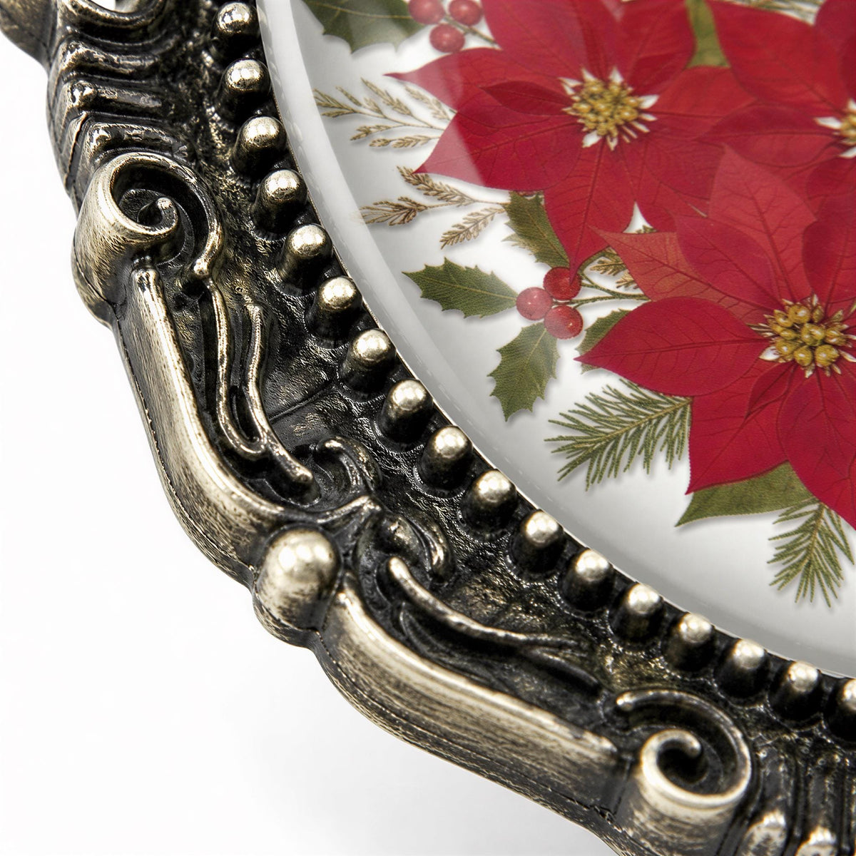a close-up view of a decorative metal frame with a floral design on the inside of the frame.