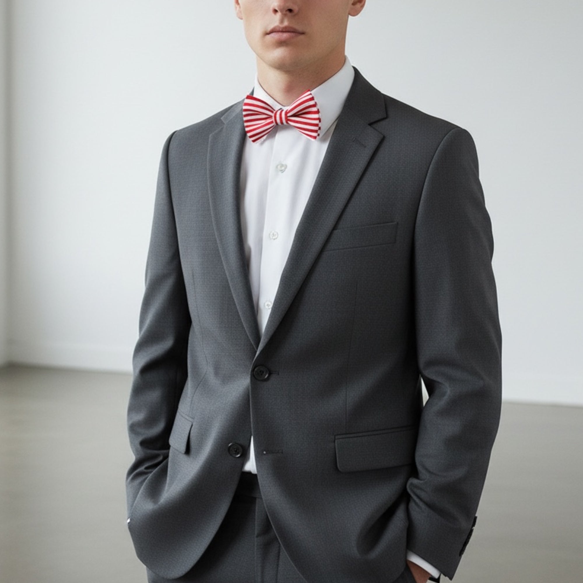 Man wearing a gray suit with a red and white striped bow tie for men against a plain background