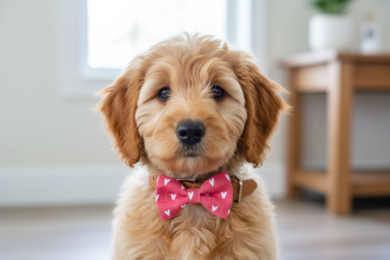 Puppy wearing a red and pink bow tie for Valentine's Day.