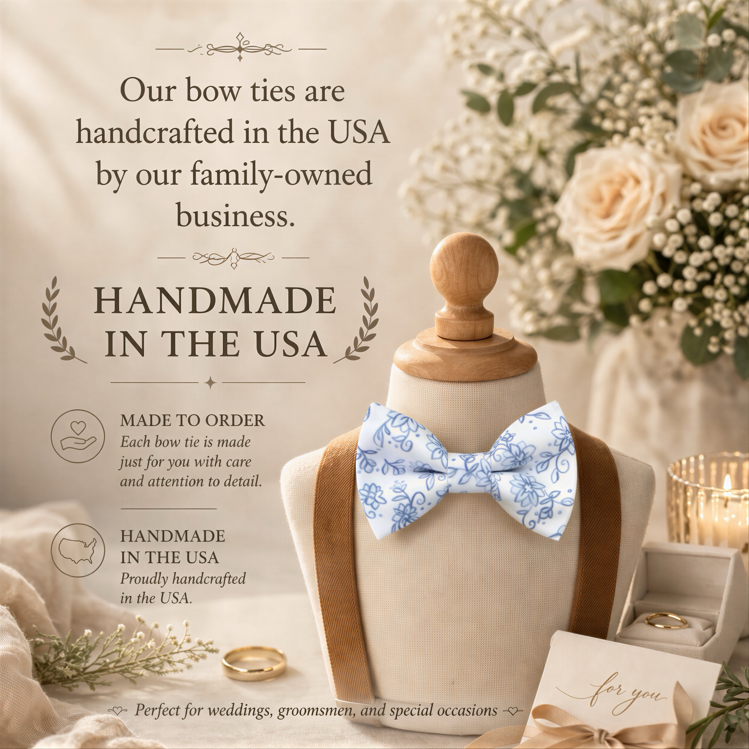 The image is an advertisement for handmade bow ties, featuring a mannequin wearing a blue and white floral bow tie, surrounded by wedding decorations and flowers.
