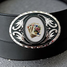 Deck of Cards Belt Buckle with Hearts, Valentine Western Accessory On a black leather belt.
