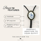 a handcrafted Bolo Tie with a long leather cord, a pendant that is 1.5" (L) x 1.25" (W), and a perfect addition to your outfit.