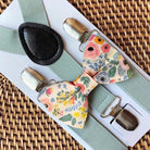 Floral bowtie and Sage green suspenders for groomsmen, wedding or ring bearer outfit.