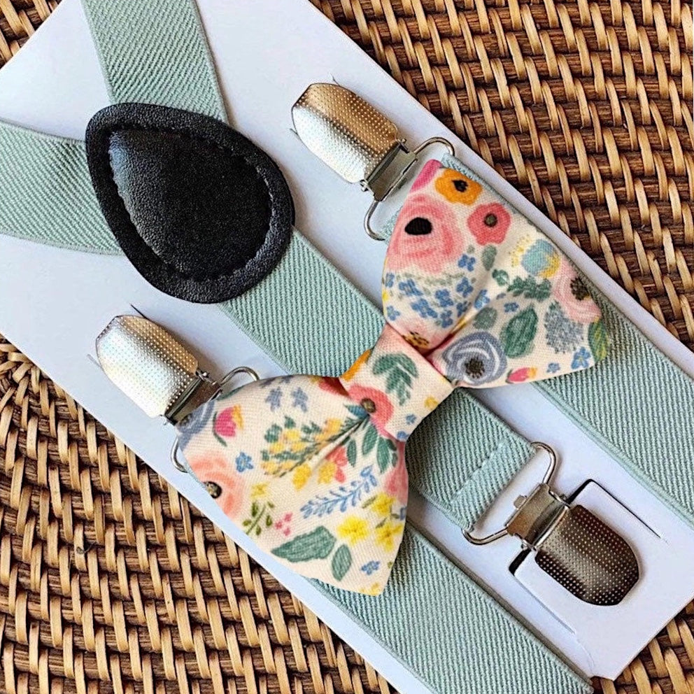 Floral bowtie and Sage green suspenders for groomsmen, wedding or ring bearer outfit.