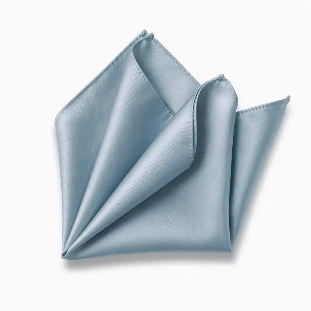 A folded light blue satin handkerchief is displayed against a white background.