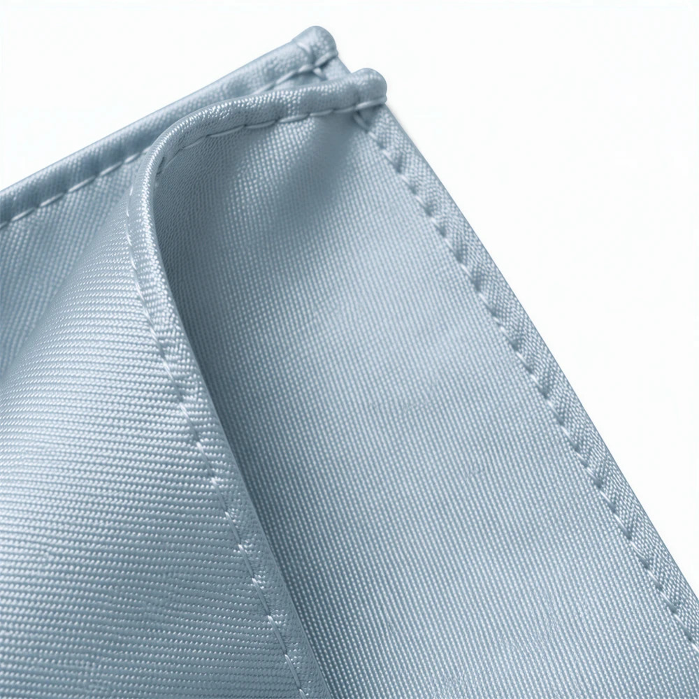 A close-up view of a light blue fabric, possibly a piece of clothing or a textile, with a slight curve and crease visible.