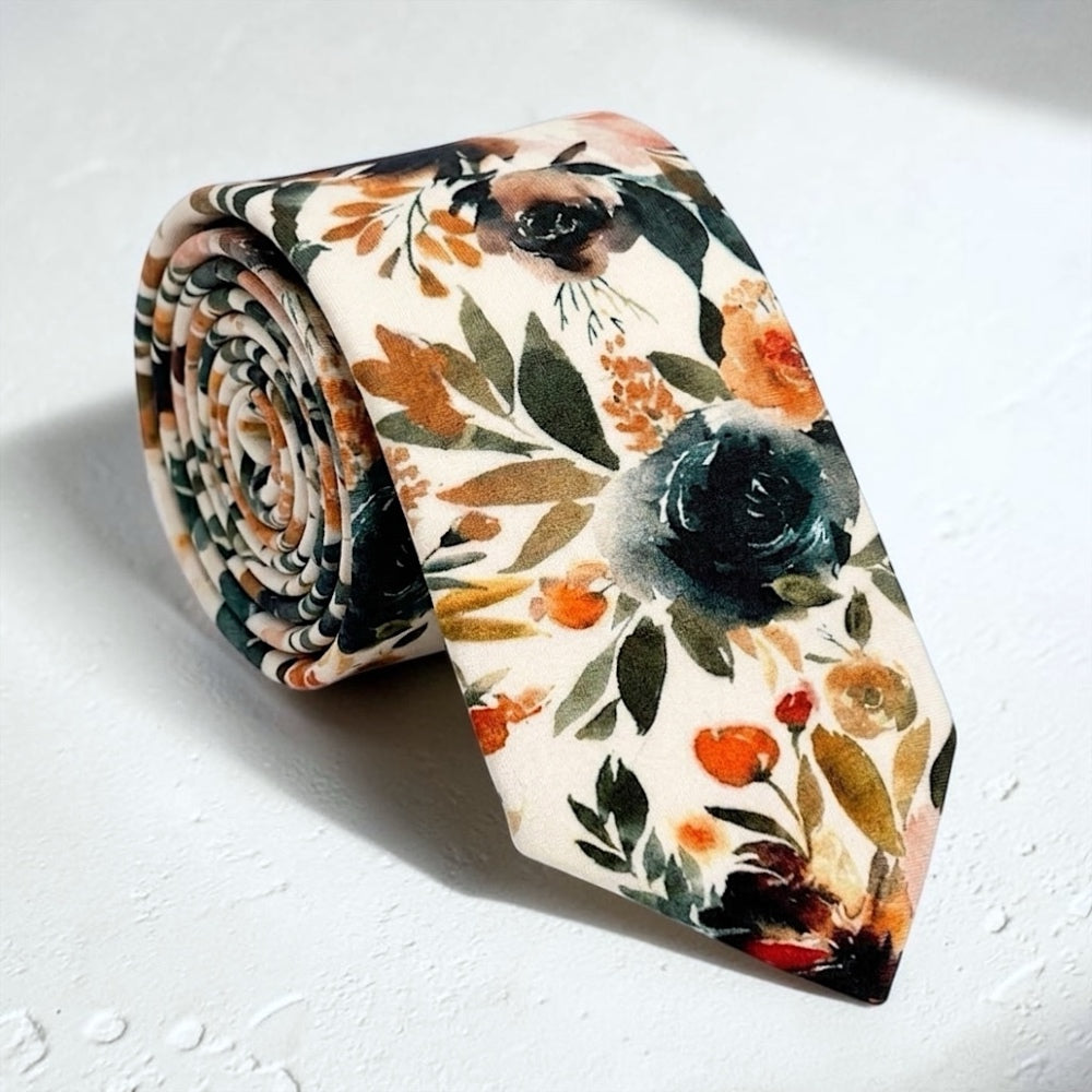 Floral Ivory Terracotta Necktie- Wedding Tie for Men and Groomsmen.