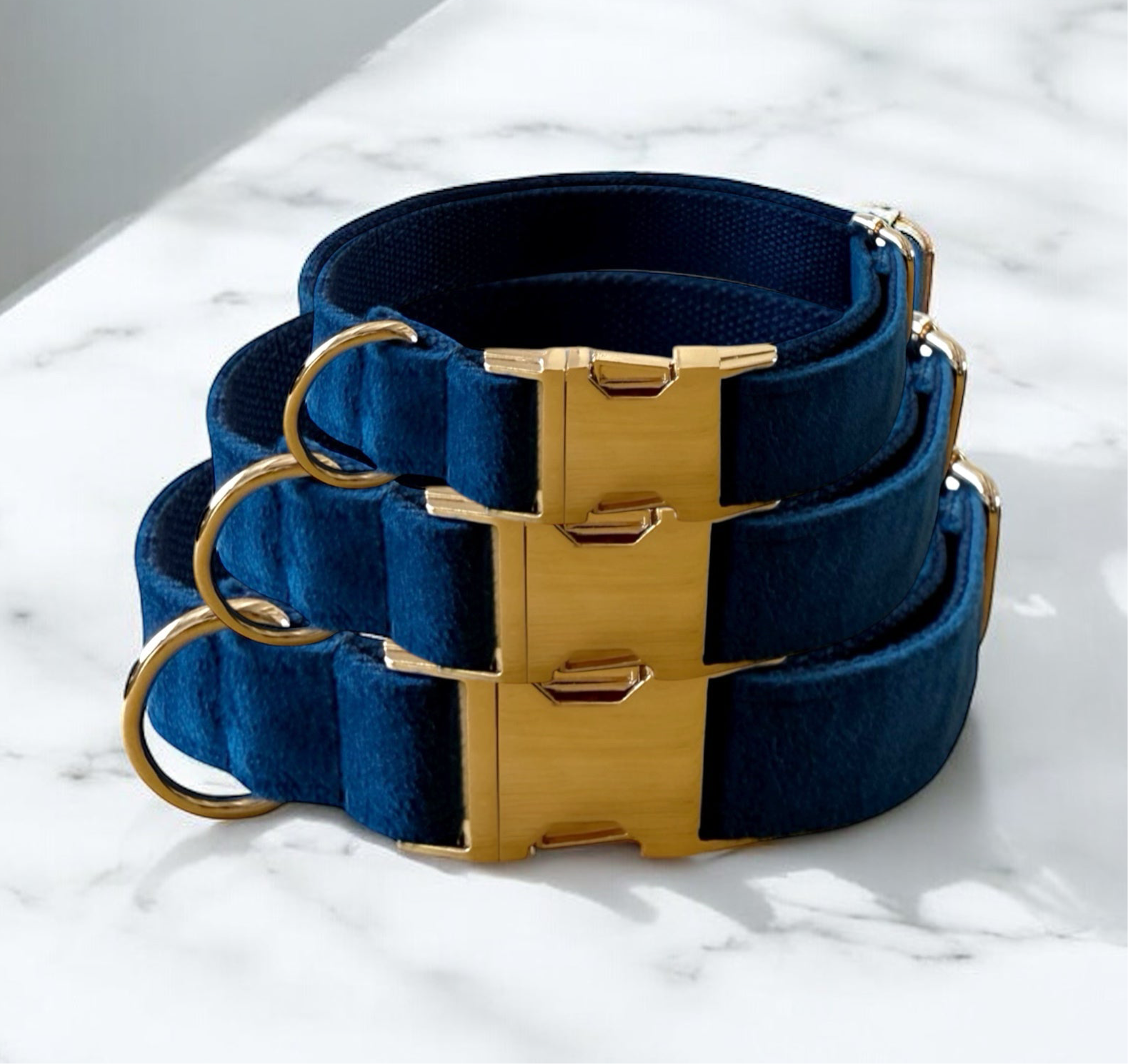 Blue Velvet Dog Collar with gold clasps