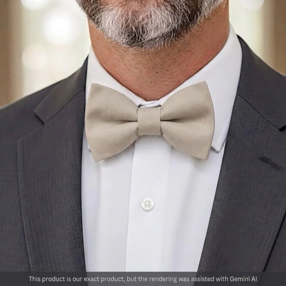 Tan bow tie for men worn by a man in a suit.