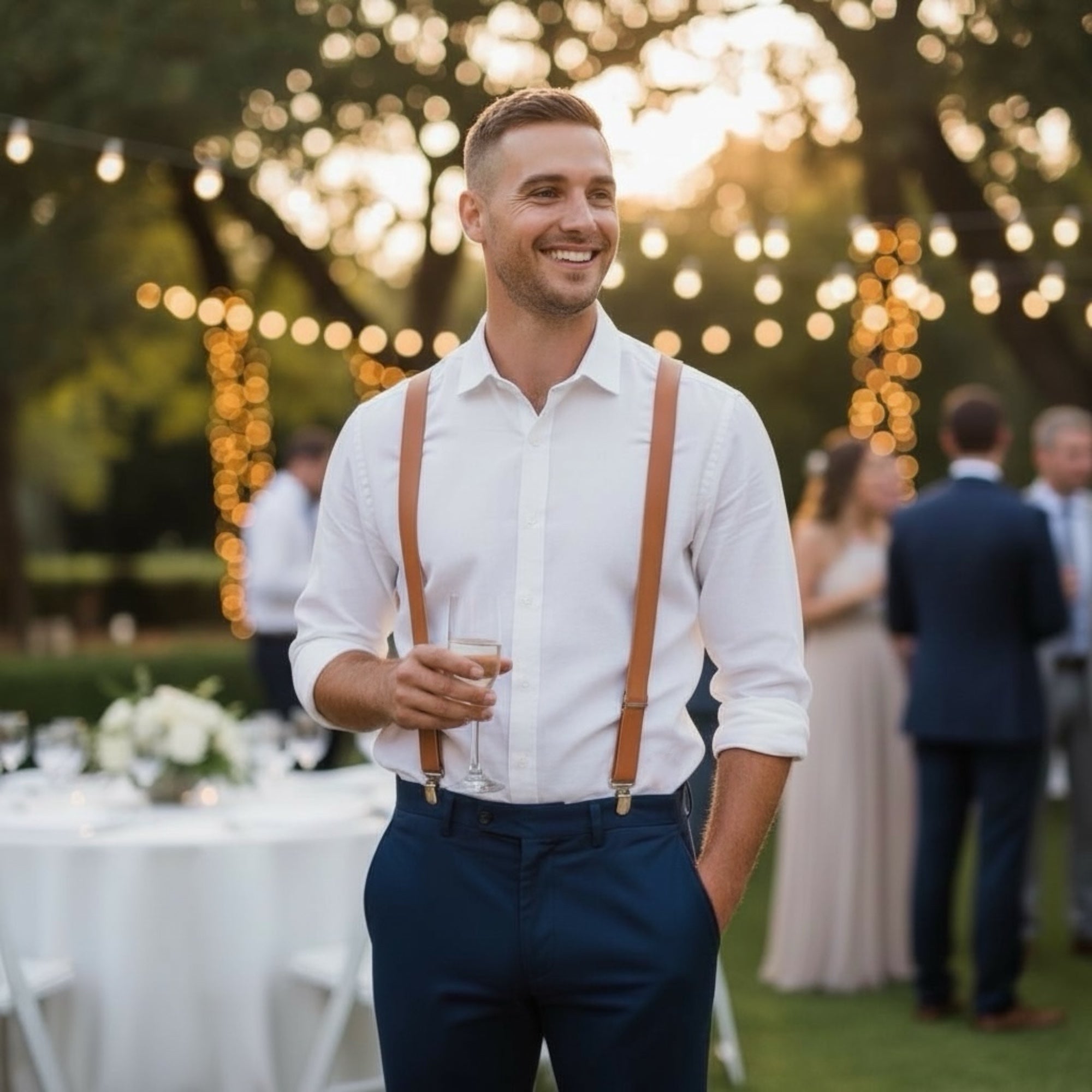Groomsman in white shirt and tan vegan leather suspenders at a wedding with blurred background