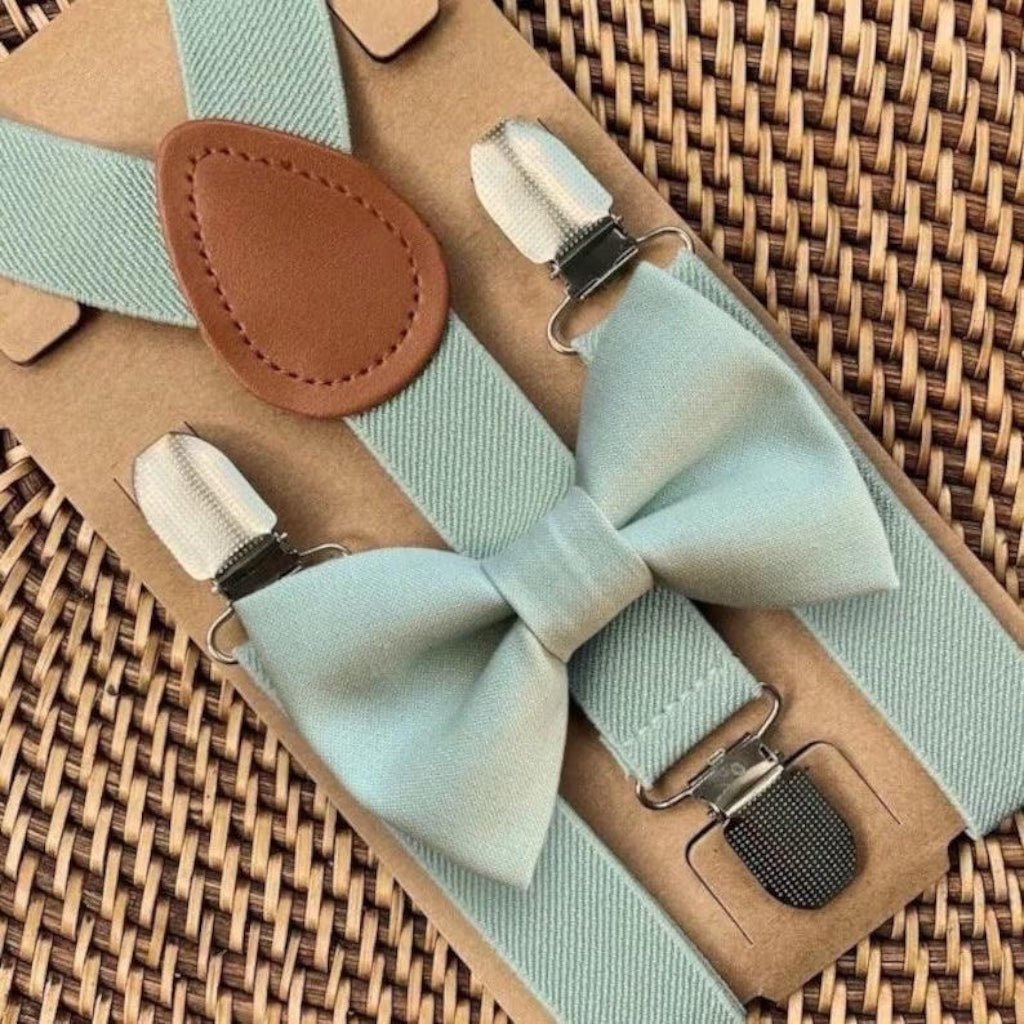 Sage green bow tie and Sage suspenders set for groomsmen, ring bearers and wedding.