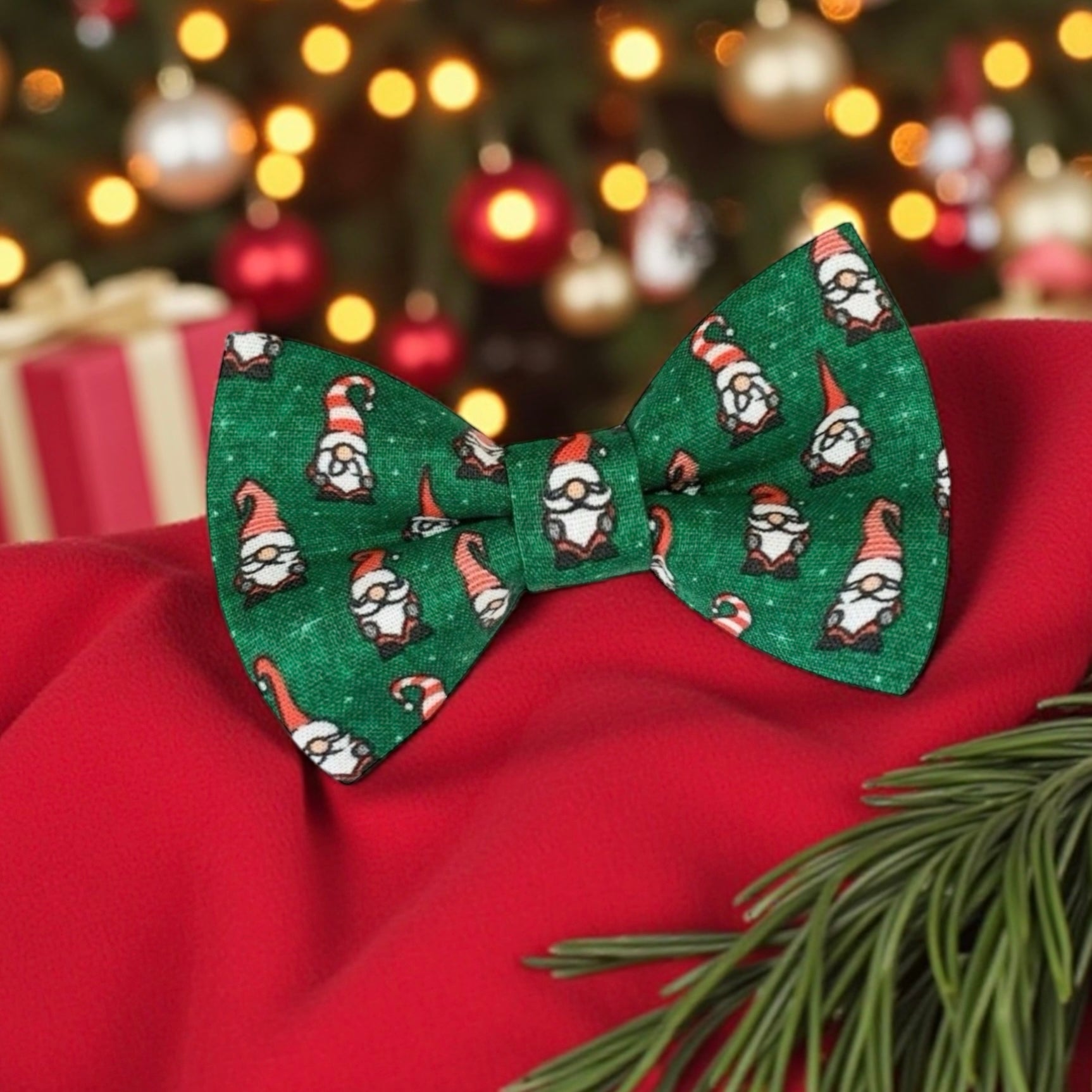Gnome Green Christmas Bow Tie surrounded by a Christmas scene