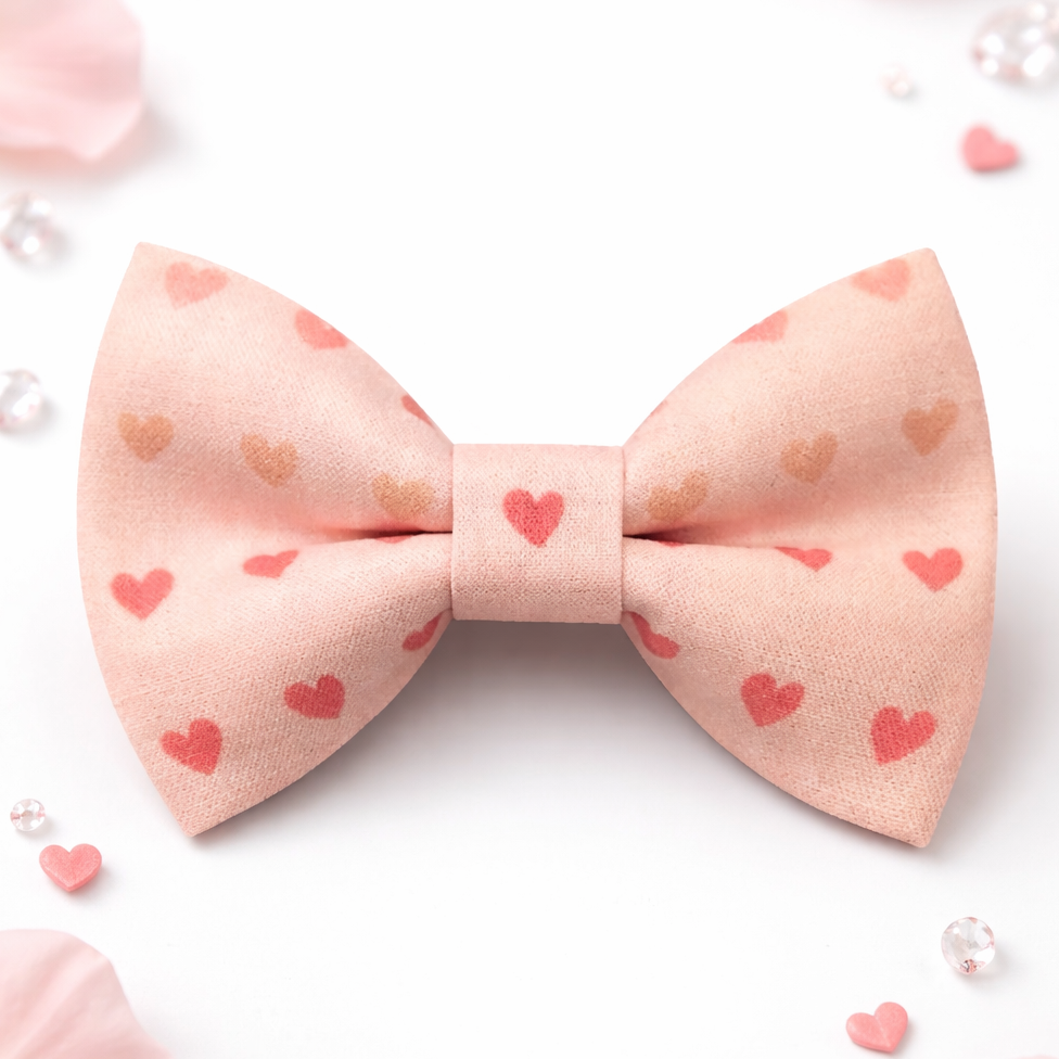 Pink Valentines Day bow tie with heart patterns on a light pink background with flower petals and pearls.