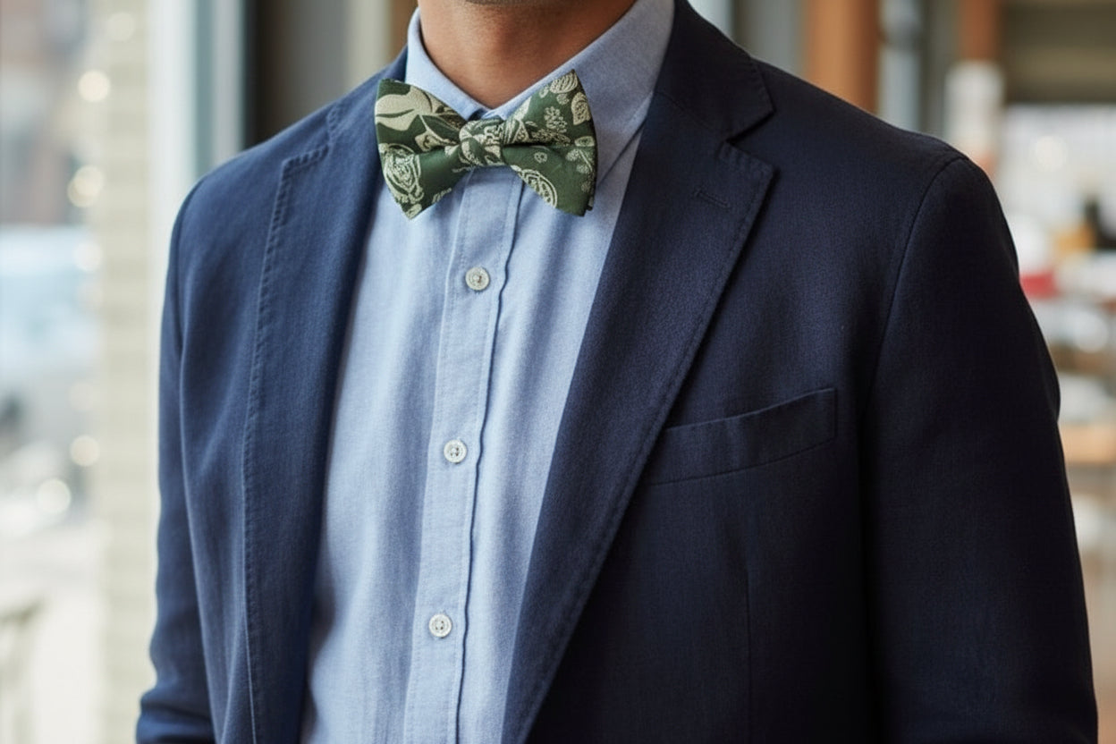 Olive floral bow tie for groomsmen being worn by a groomsman in a wedding.