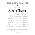 The image is a size chart for a bold bow tie, providing measurements for different age ranges and waistband sizes.