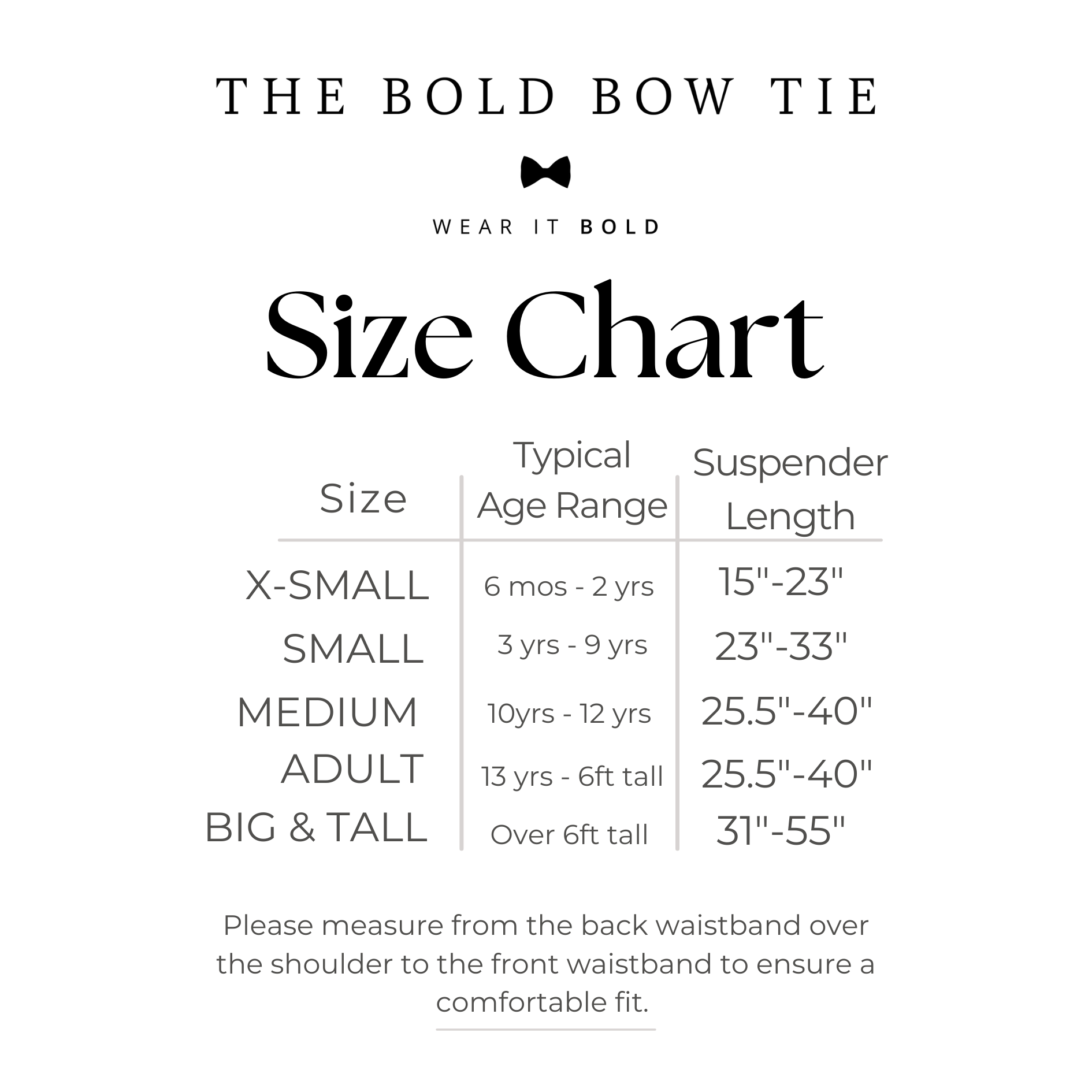 The image is a size chart for a bold bow tie, providing measurements for different age ranges and waistband sizes.