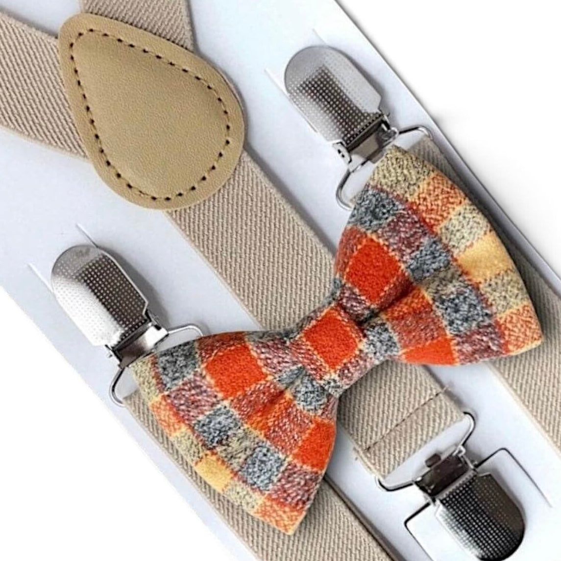 Orange plaid bow tie and suspenders for boys men babies and toddlers.
