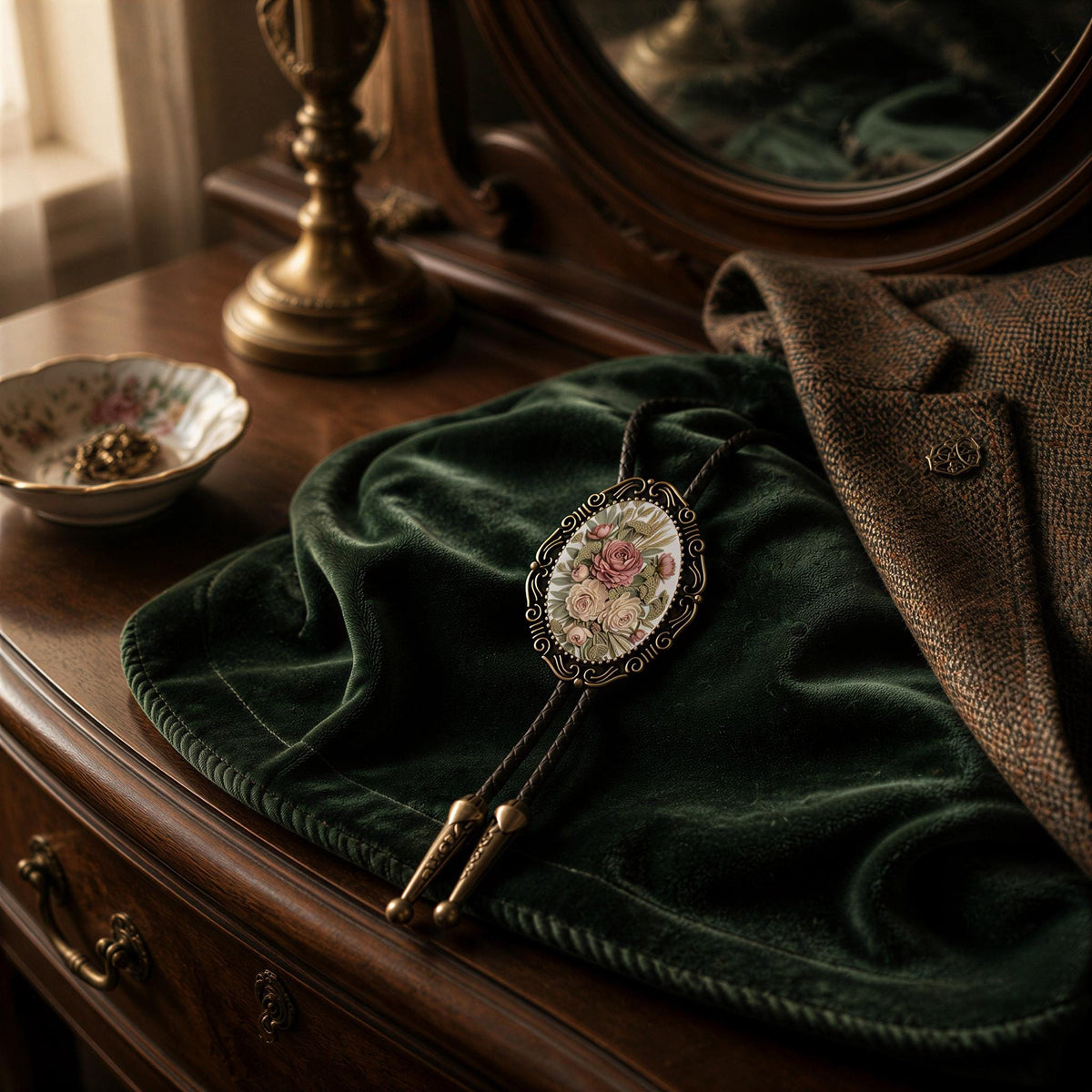 a vintage-style dresser with a green velvet cloth draped over it, a brass lamp, a small bowl, and a decorative pendant hanging from a chain.