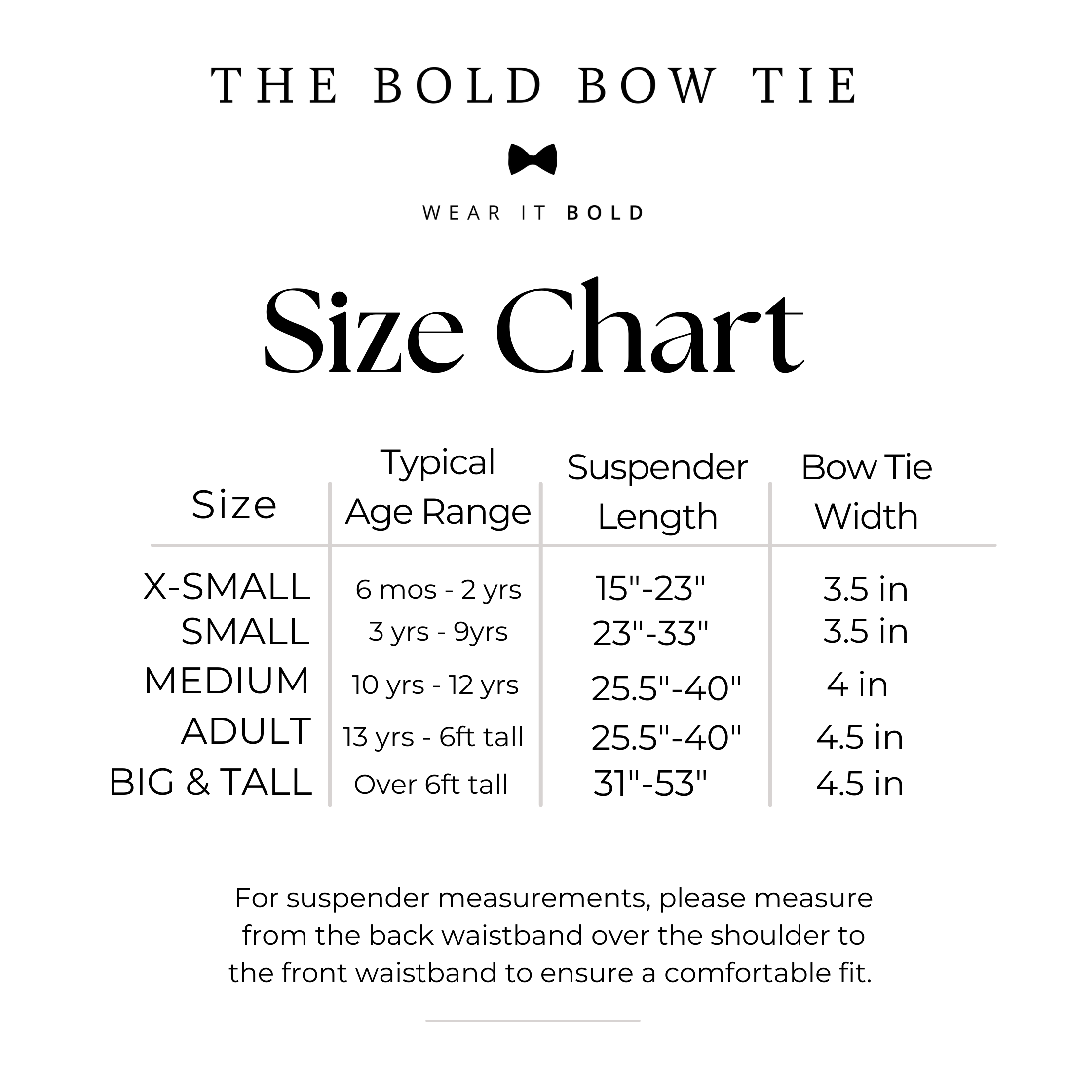 The image is a size chart for a bold bow tie, providing measurements for different age ranges and bow tie widths.